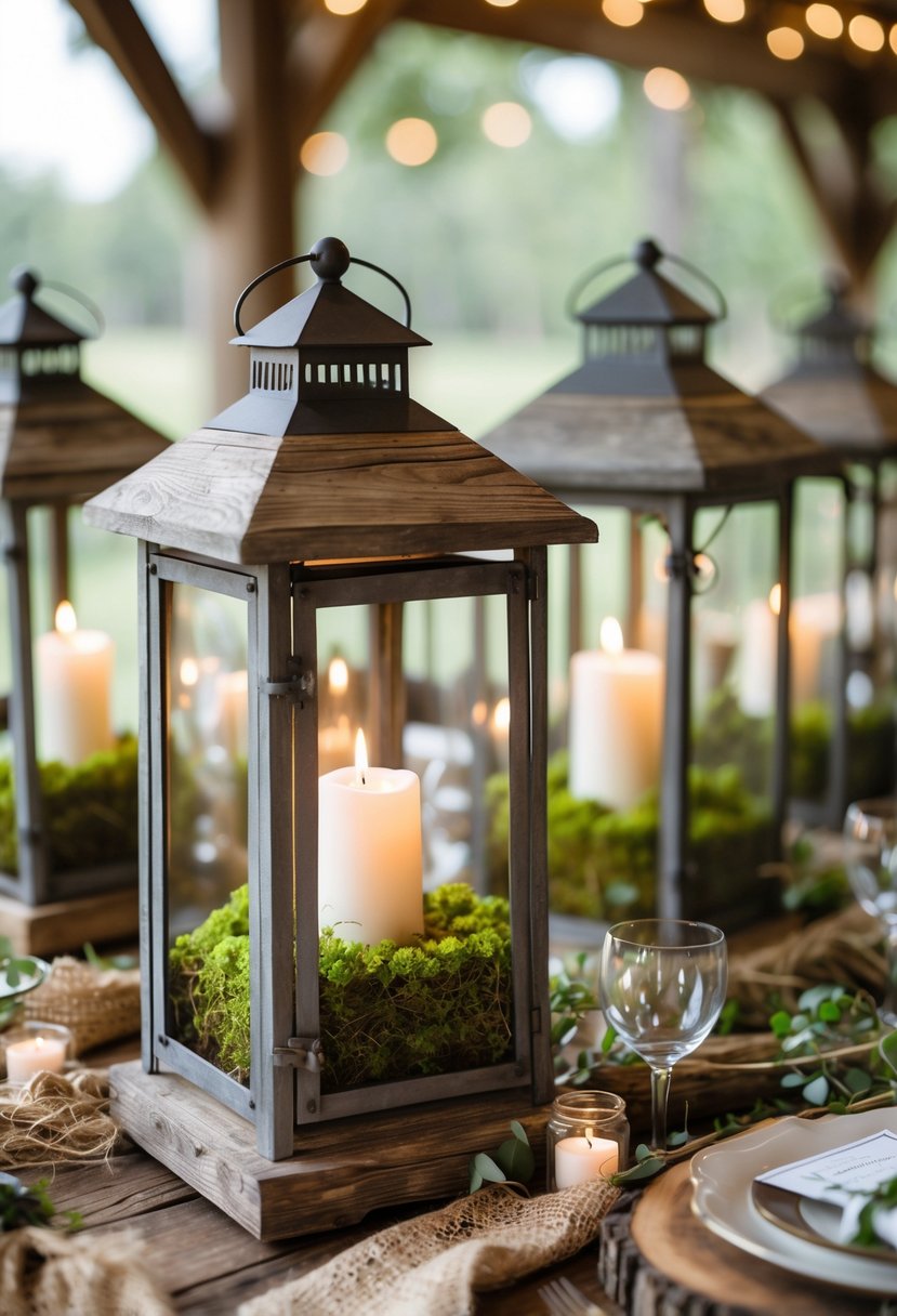 Rustic lanterns filled with green moss and lit candles arranged on a wooden table as wedding centerpieces.