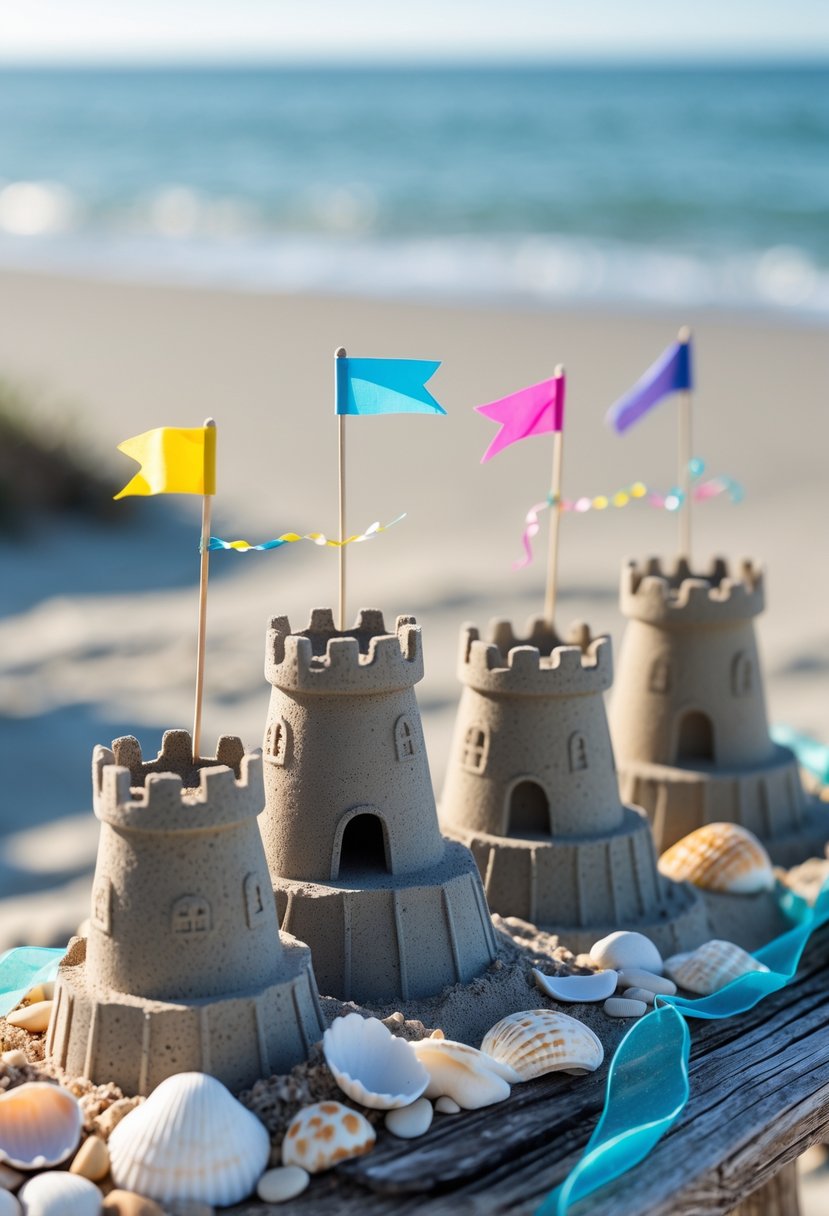 Mini sandcastles with tiny flags arranged as a wedding centerpiece on a beach, with seashells and ocean waves in the background.