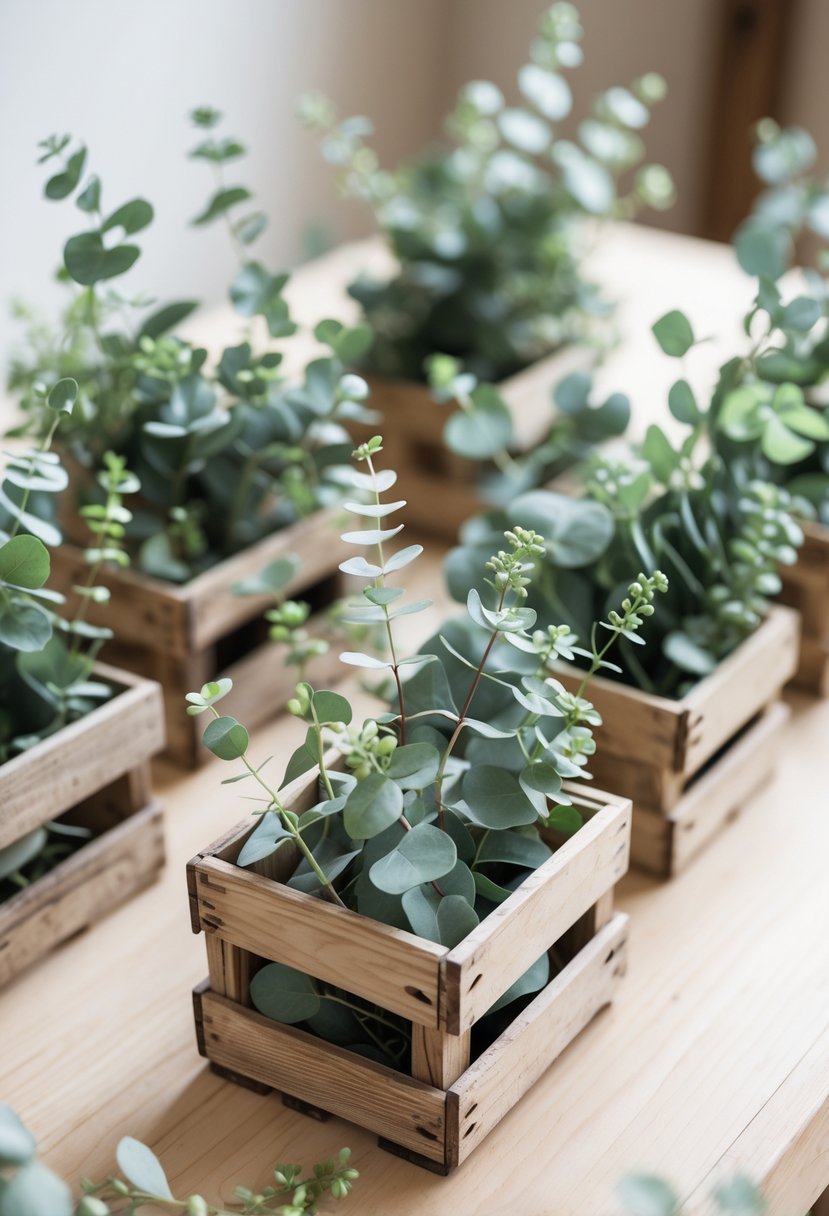 Small wooden crates filled with eucalyptus sprigs arranged on a wooden surface as wedding centerpieces.