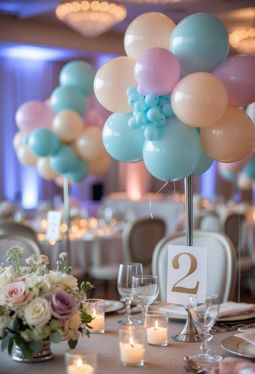 A wedding table with pastel balloon clusters tied to table number stands, surrounded by floral decorations and glassware.