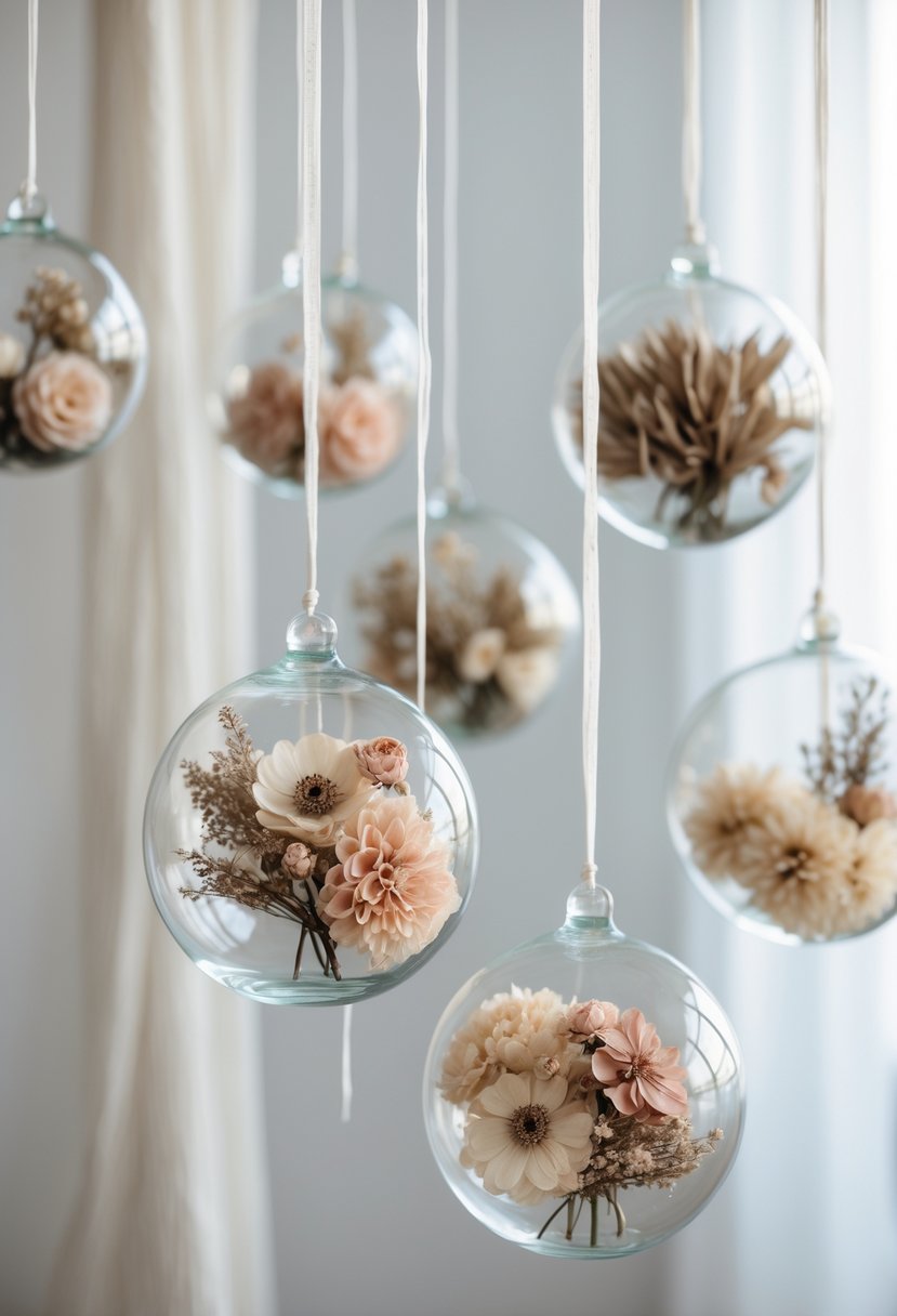 Clear glass globes hanging with dried flowers inside, arranged as wedding centerpieces.