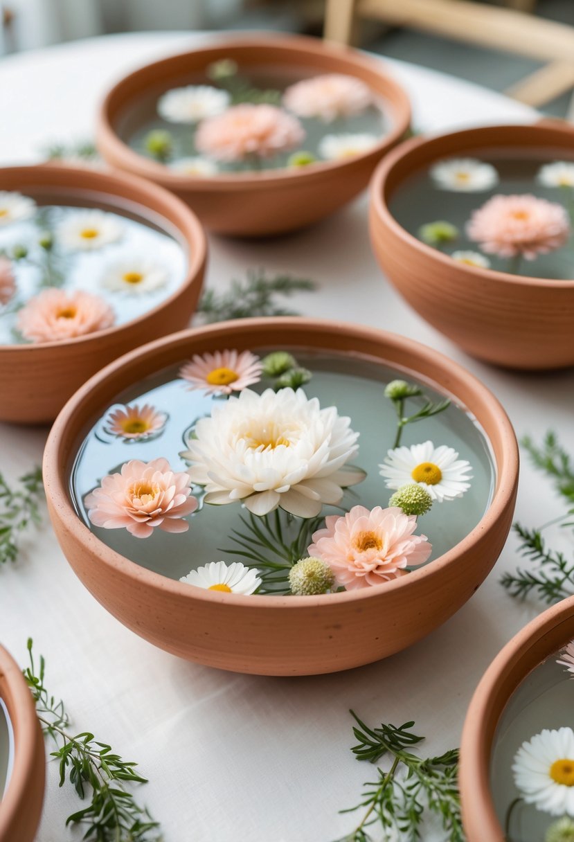 Earthy clay bowls filled with water and floating flowers arranged on a wooden table as wedding centerpieces.