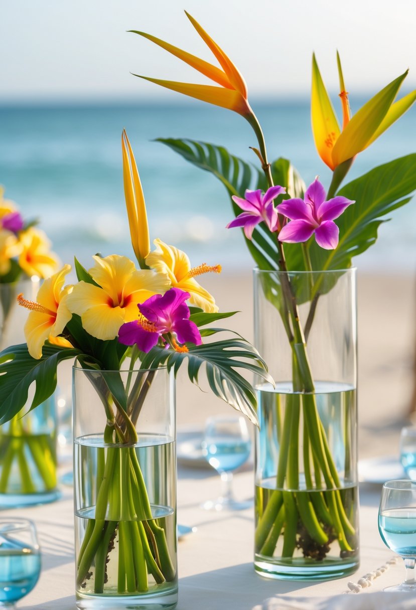A table with clear hurricane vases holding colorful tropical flowers arranged as a wedding centerpiece by the coast.