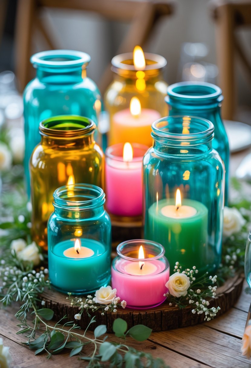 A collection of brightly colored glass jars with lit candles arranged on a wooden table, surrounded by greenery and small white flowers.