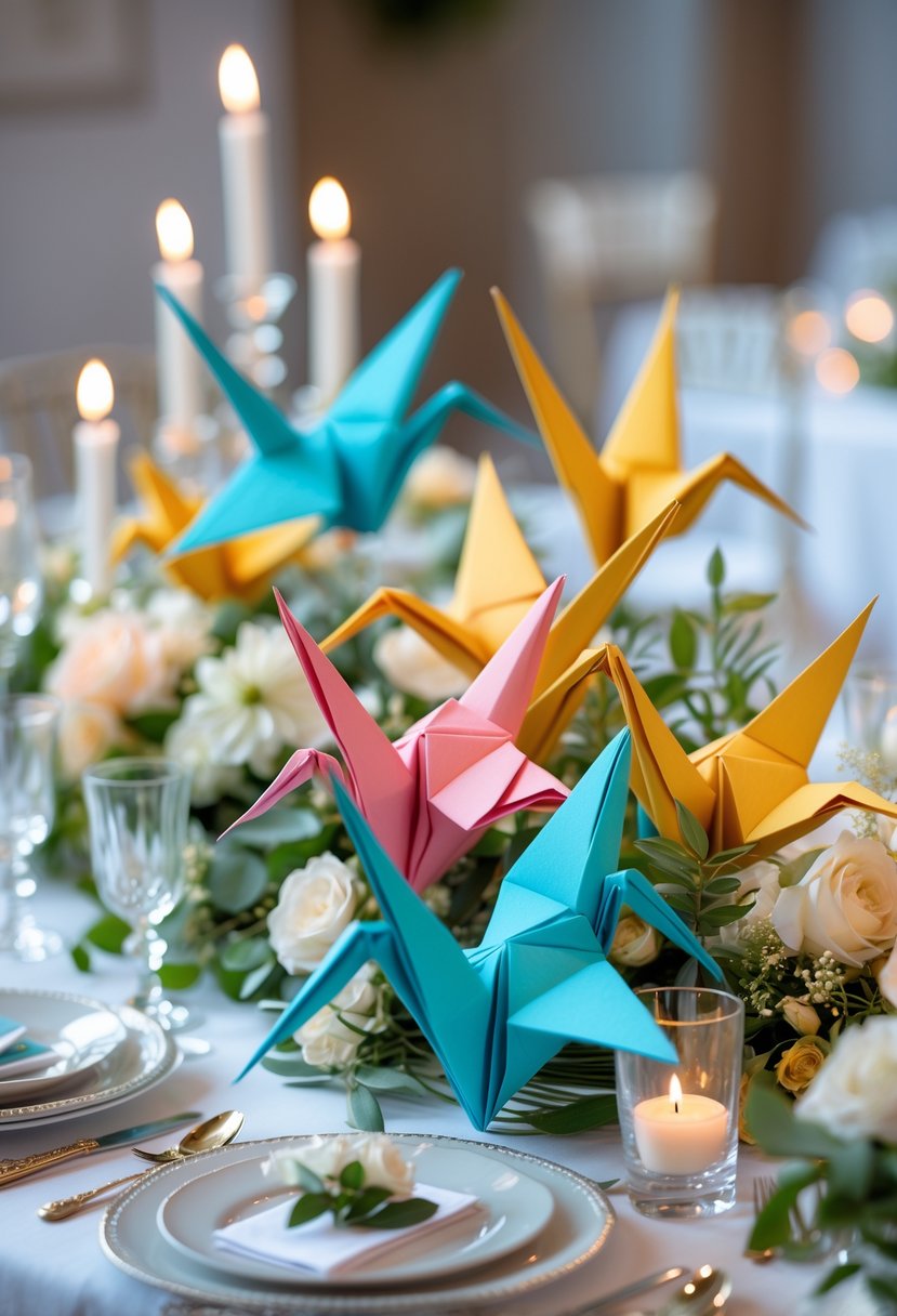 A wedding table with a centerpiece made of colorful handmade origami cranes surrounded by flowers and greenery.