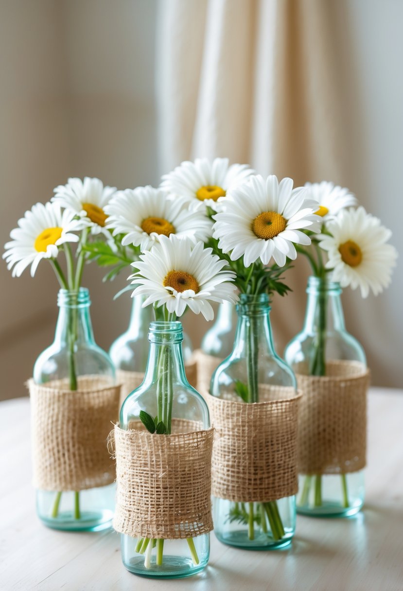 Glass bottles wrapped in burlap holding fresh white daisies arranged on a wooden surface.
