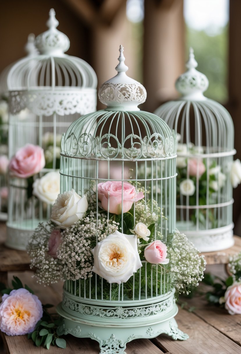 Vintage birdcages filled with colorful flowers arranged as wedding centerpieces on wooden tables.