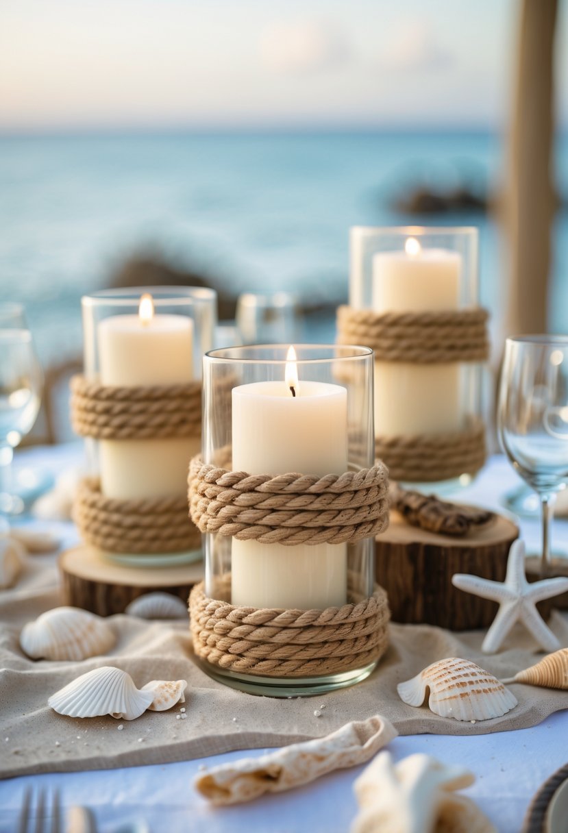Candle holders wrapped in nautical rope arranged with seashells and driftwood on a wedding table near the sea.