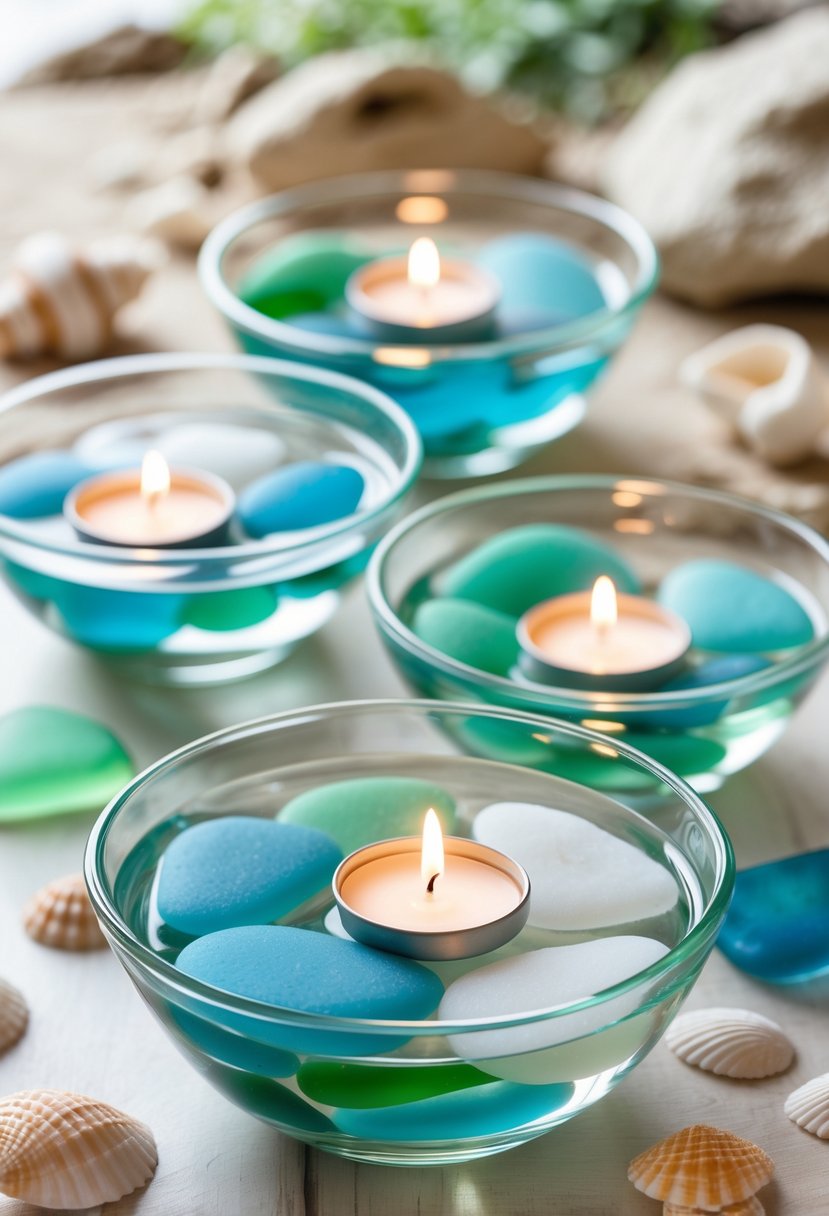 Glass bowls filled with colorful ocean glass and floating lit candles arranged on a wooden table with seashells nearby.