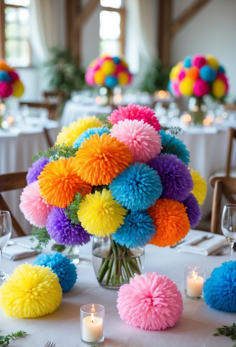Colorful pom-pom flower centerpieces arranged on wedding tables with natural light and simple decor.