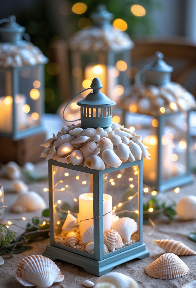 Table with lanterns covered in seashells and lit by fairy lights, surrounded by coastal-themed decorations.