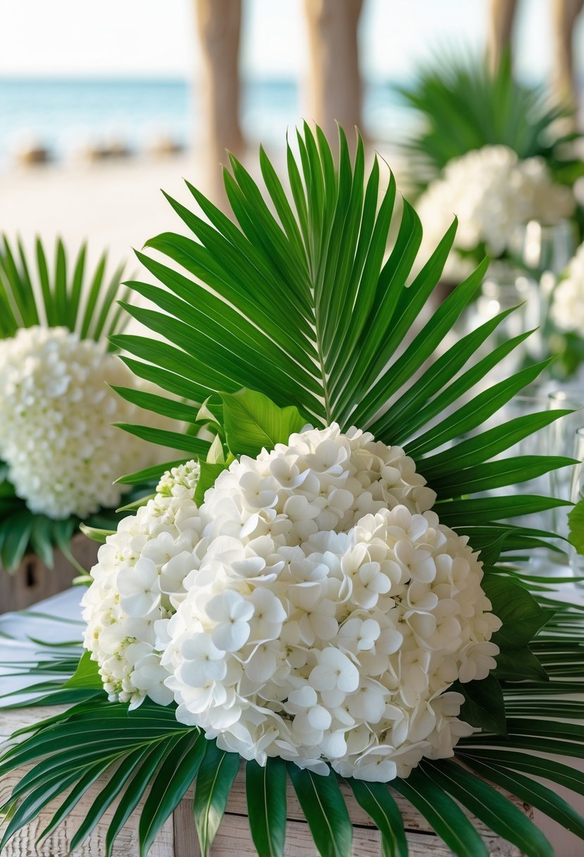 White hydrangea bouquets with green palm leaves arranged as wedding centerpieces on wooden tables in a coastal outdoor setting.