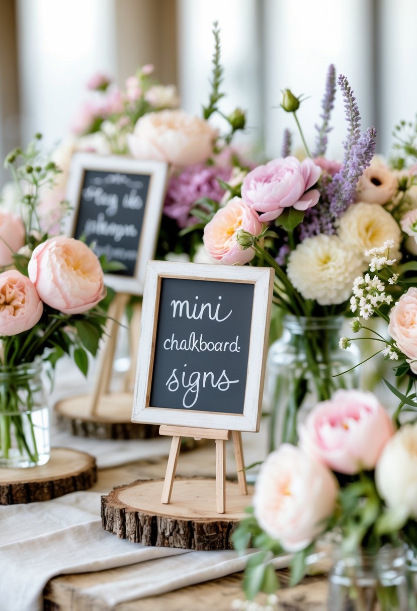 Mini chalkboard signs surrounded by colorful flower bouquets arranged as wedding centerpieces on a wooden table.