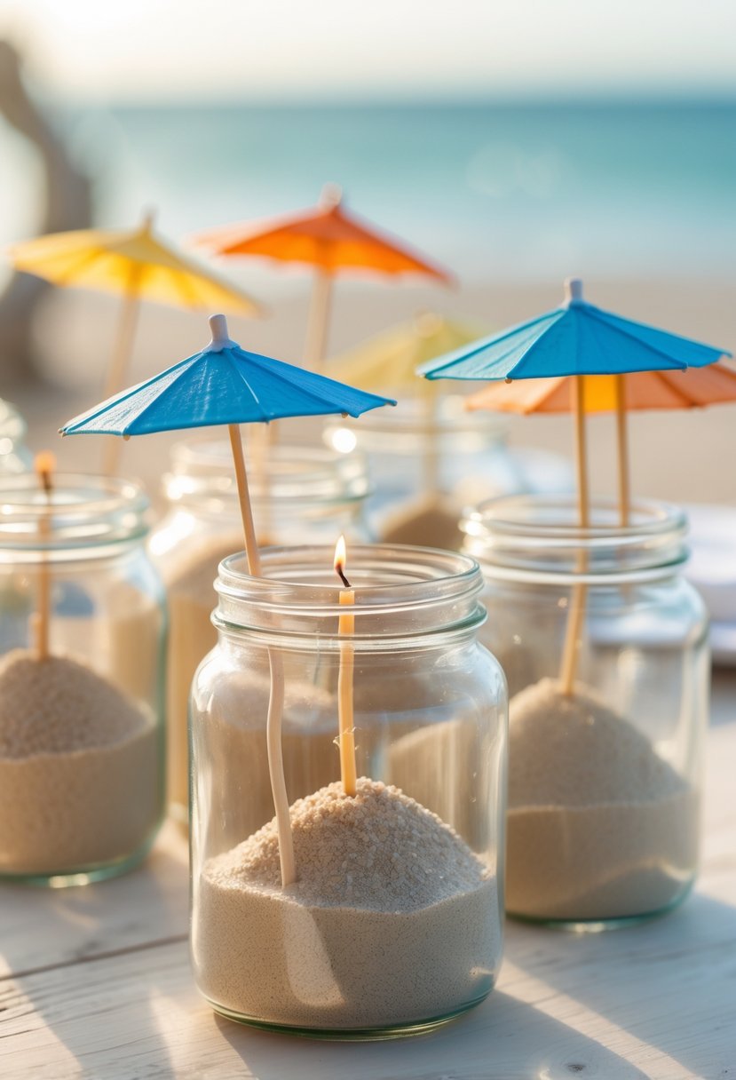 Close-up of sand-filled glass jar candles topped with small colorful beach umbrellas arranged on a table with a blurred beach and ocean background.