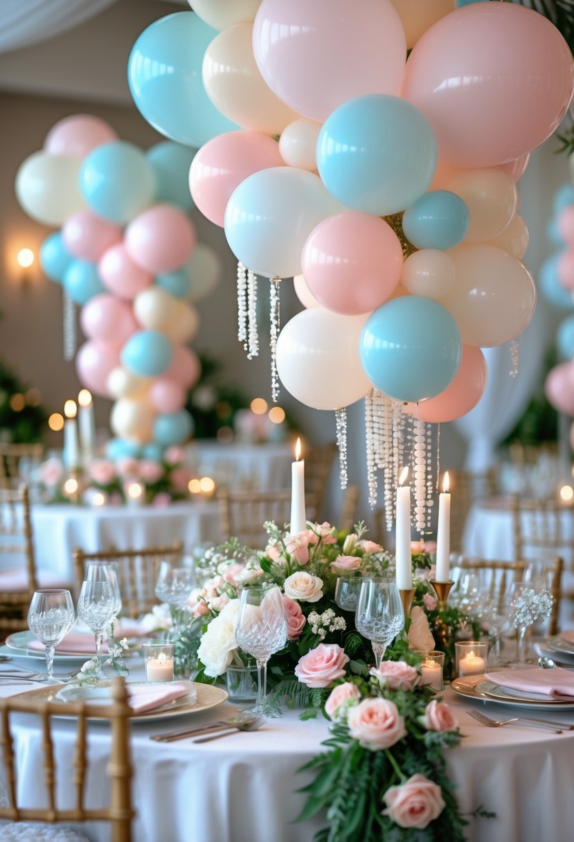 A wedding table decorated with pastel balloon garlands and floral centerpieces, set with plates and glassware in a softly lit venue.