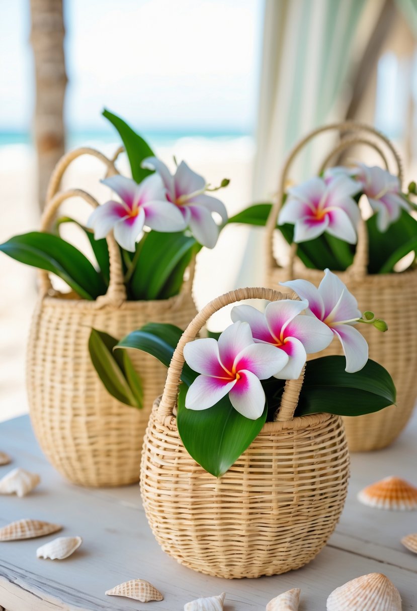 Woven baskets filled with plumeria and orchids arranged as wedding centerpieces on a light wooden surface.