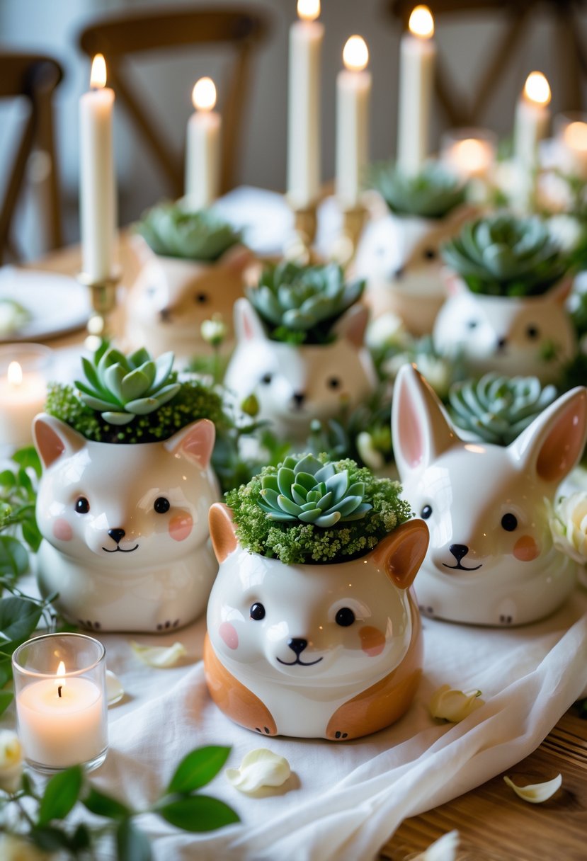 A collection of animal-shaped ceramic planters filled with succulents and flowers arranged on a table as wedding centerpieces.
