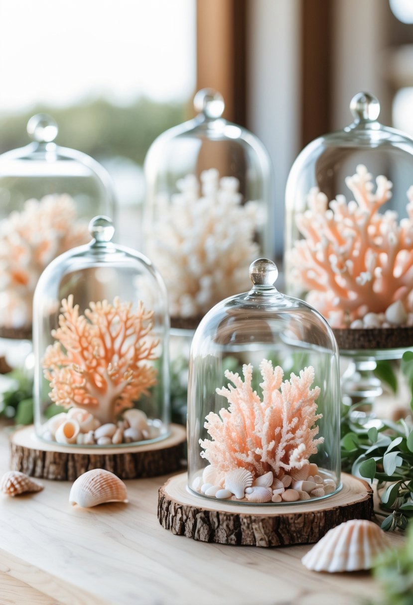 Glass cloches containing miniature coral pieces arranged on a wooden table as coastal wedding centerpieces.