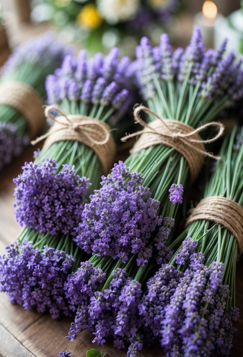 Bundles of lavender tied with twine arranged on a wooden table as wedding centerpieces.