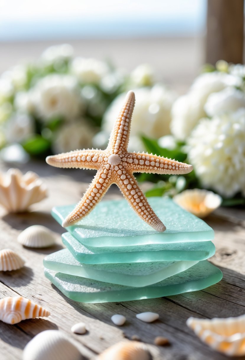 A starfish resting on translucent sea glass coasters arranged on a wooden surface with coastal wedding decorations nearby.