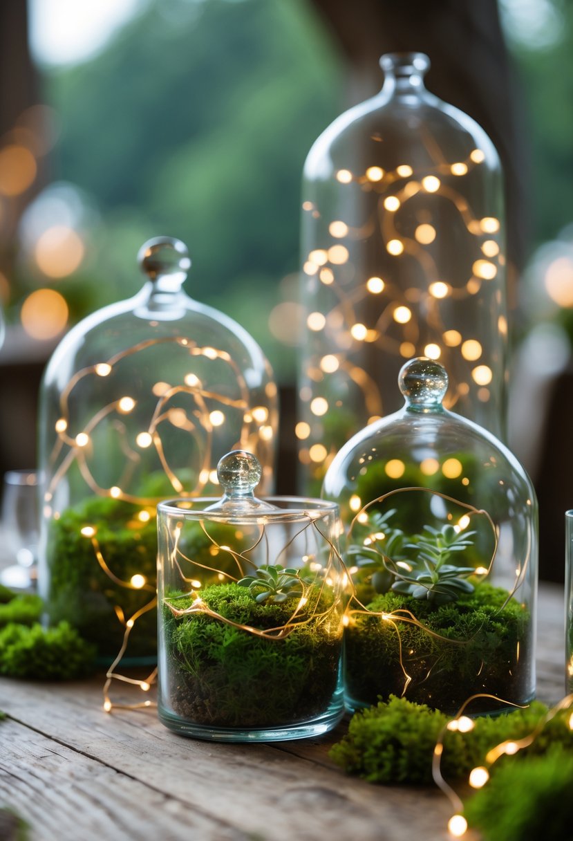 Glass terrariums filled with moss and fairy lights arranged as wedding centerpieces on a wooden table.