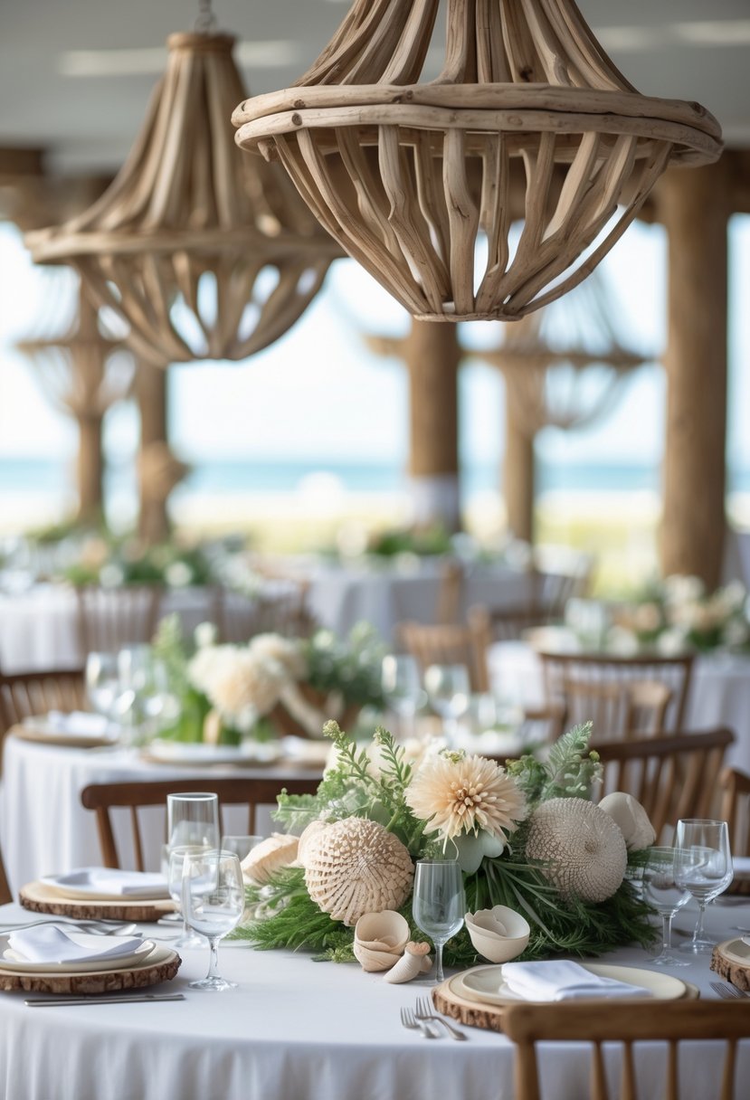 Tables set for a coastal wedding with driftwood chandeliers hanging above and natural centerpieces on the tables.