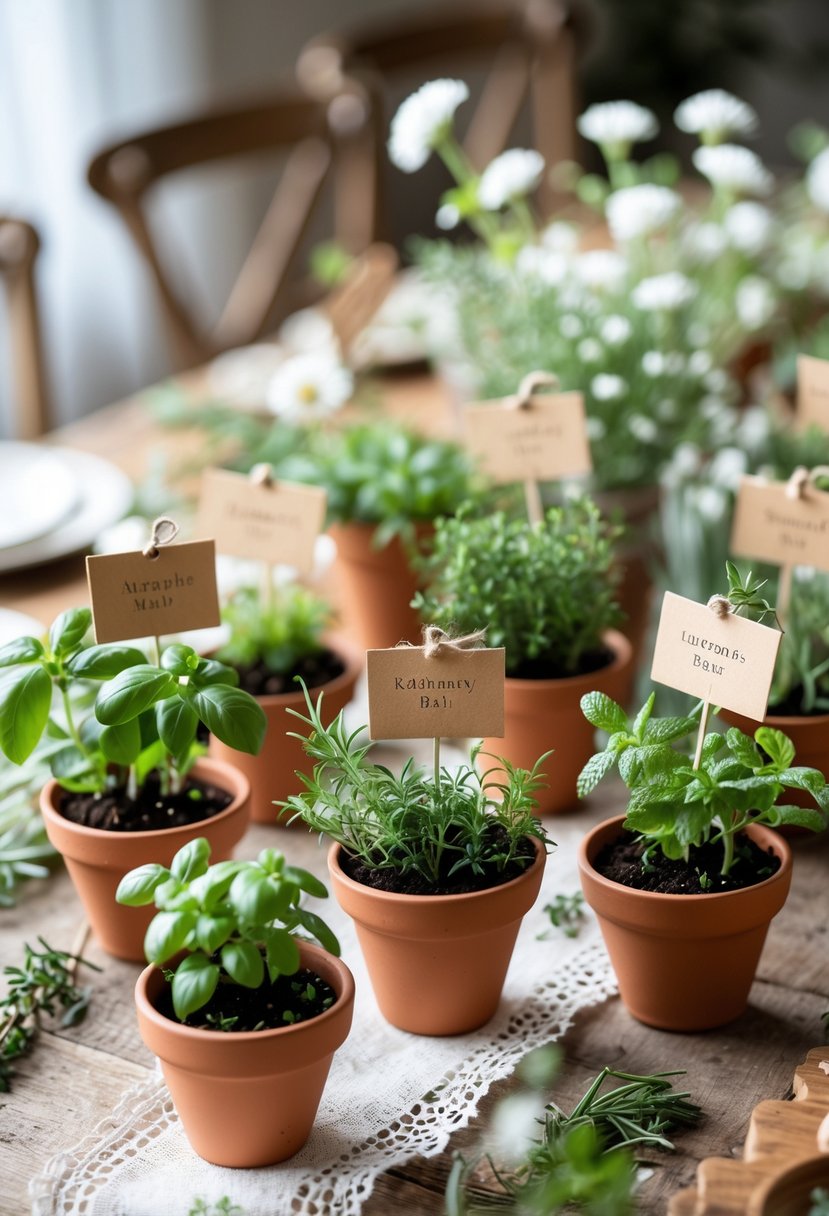 Mini potted herbs with small personalized tags arranged as wedding centerpieces on a wooden table with soft natural lighting.