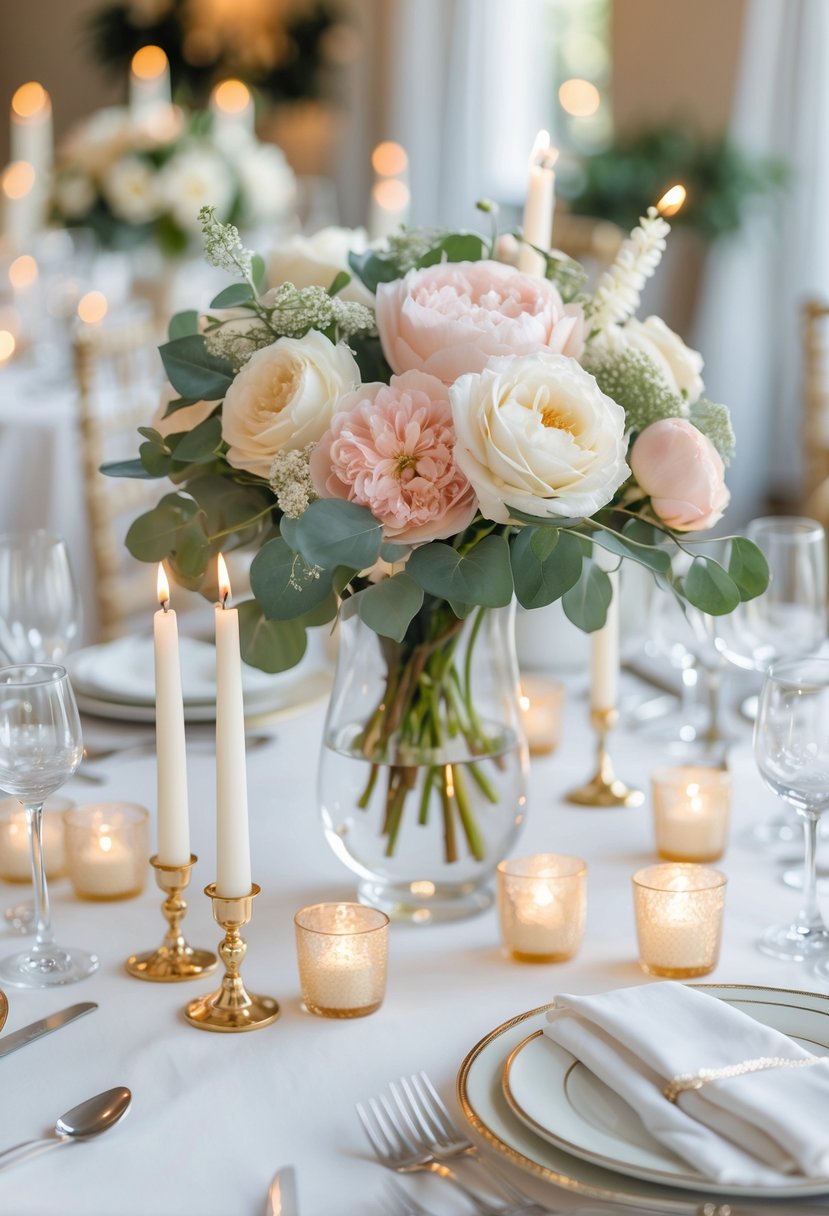 A wedding table with a floral centerpiece of white roses and greenery, surrounded by lit candles and elegant table settings.