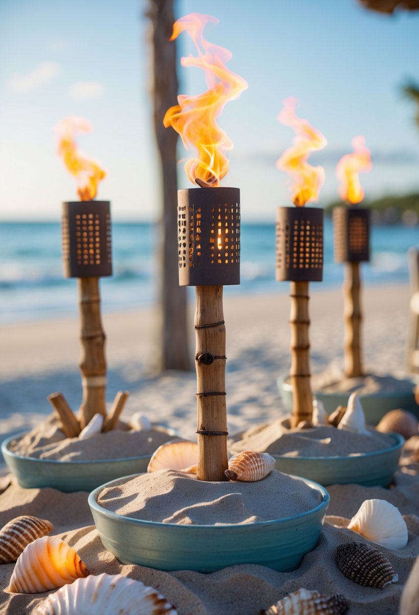 Tiki torches in sand-filled containers arranged as a wedding centerpiece on a beach with the ocean in the background.