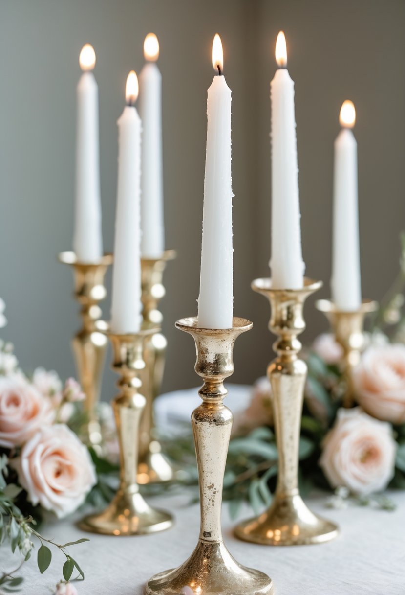 A set of gold mercury glass candle holders with white taper candles arranged as a wedding centerpiece on a neutral surface with soft floral accents.