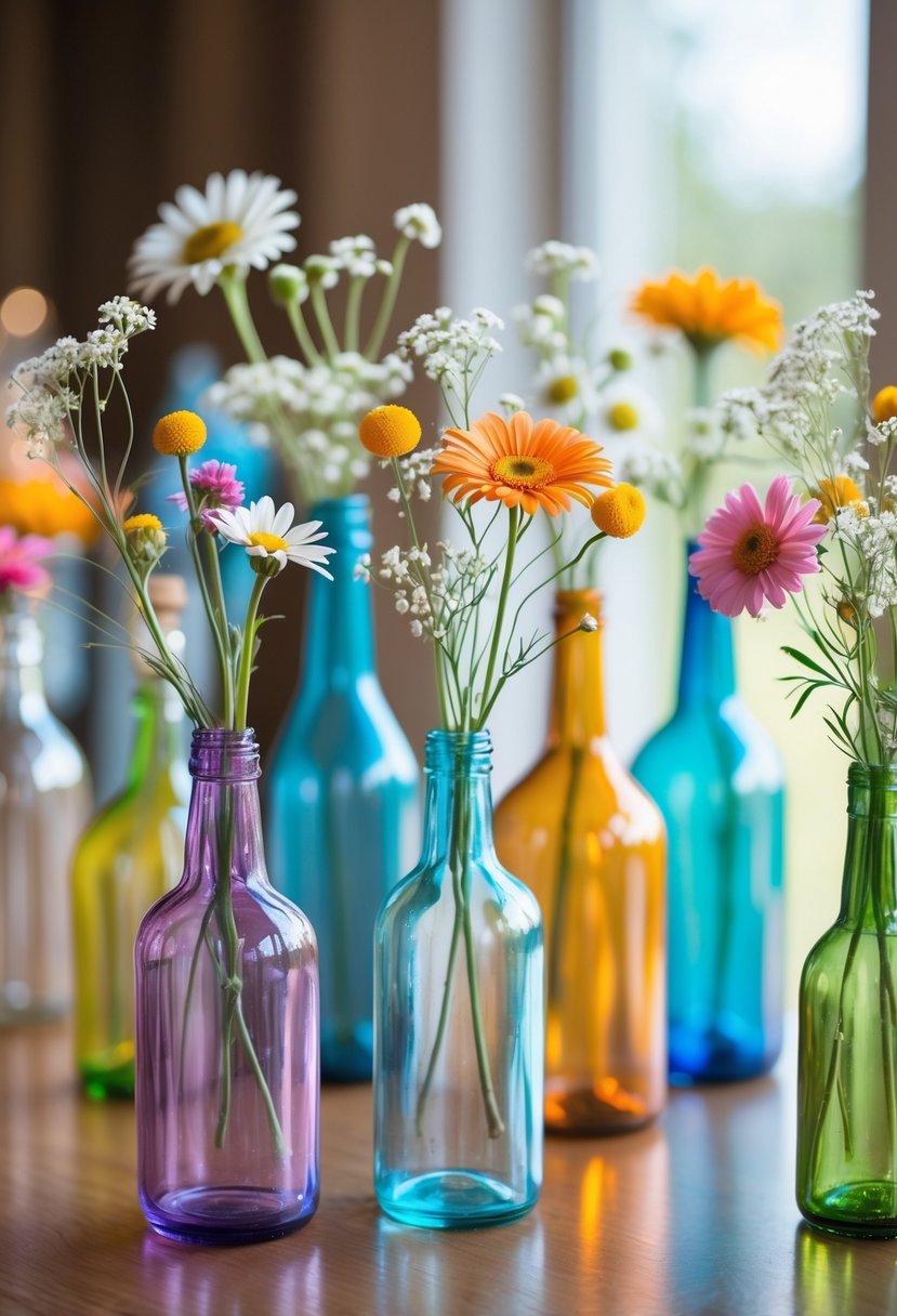 A collection of rainbow-colored glass bottles holding fresh flowers arranged on a wooden table as a wedding centerpiece.