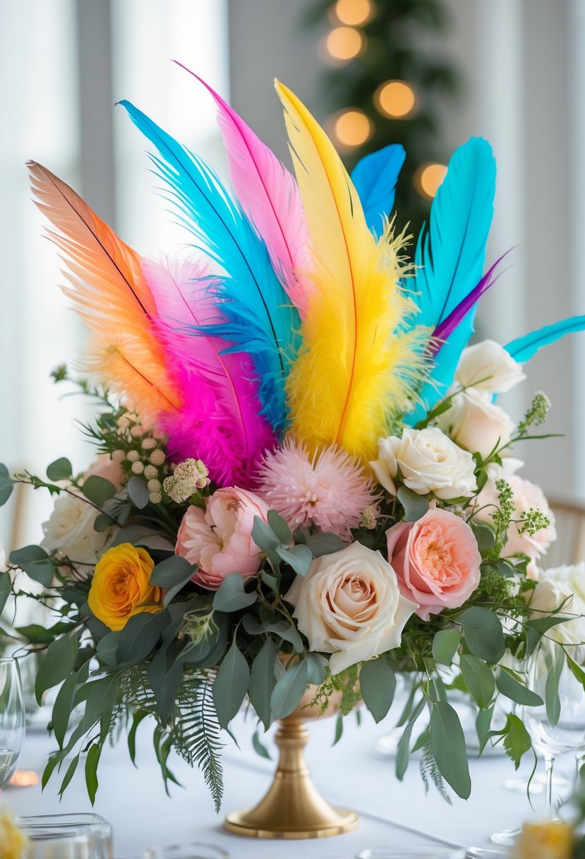 A wedding centerpiece with bright colorful feathers mixed into floral arrangements on a table.