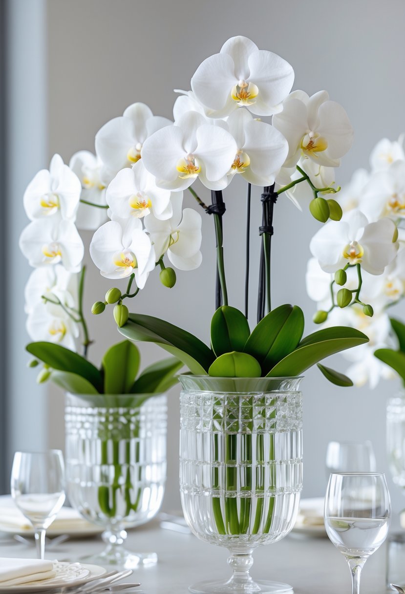 Crystal vases filled with white orchids arranged as wedding centerpieces on a neutral background.