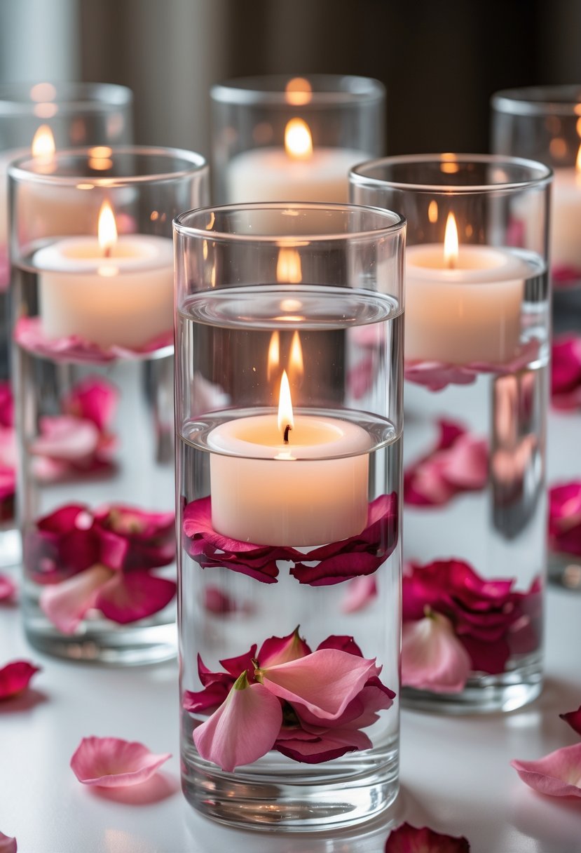 Tall glass cylinders filled with water holding lit floating candles and pink and red rose petals arranged as a wedding centerpiece on a table.