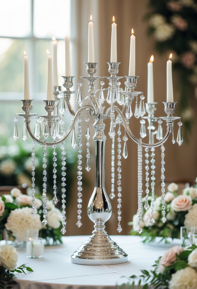 A silver candelabra decorated with hanging crystals and white candles as a wedding centerpiece on a table with flowers.