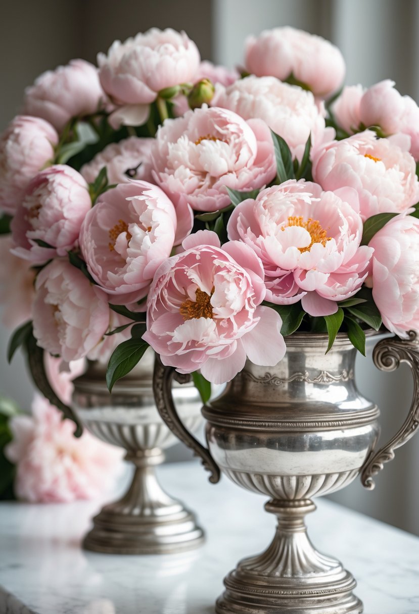 Blush pink peonies arranged in vintage silver urns on a white surface.