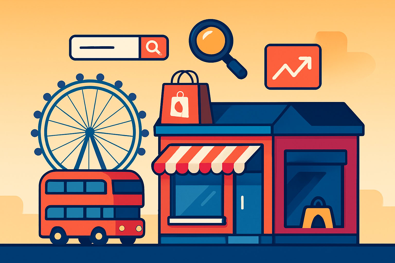 An isometric view of a London retail store with a red double-decker bus and the London Eye in the background, surrounded by digital marketing icons such as magnifying glasses and upward graphs.