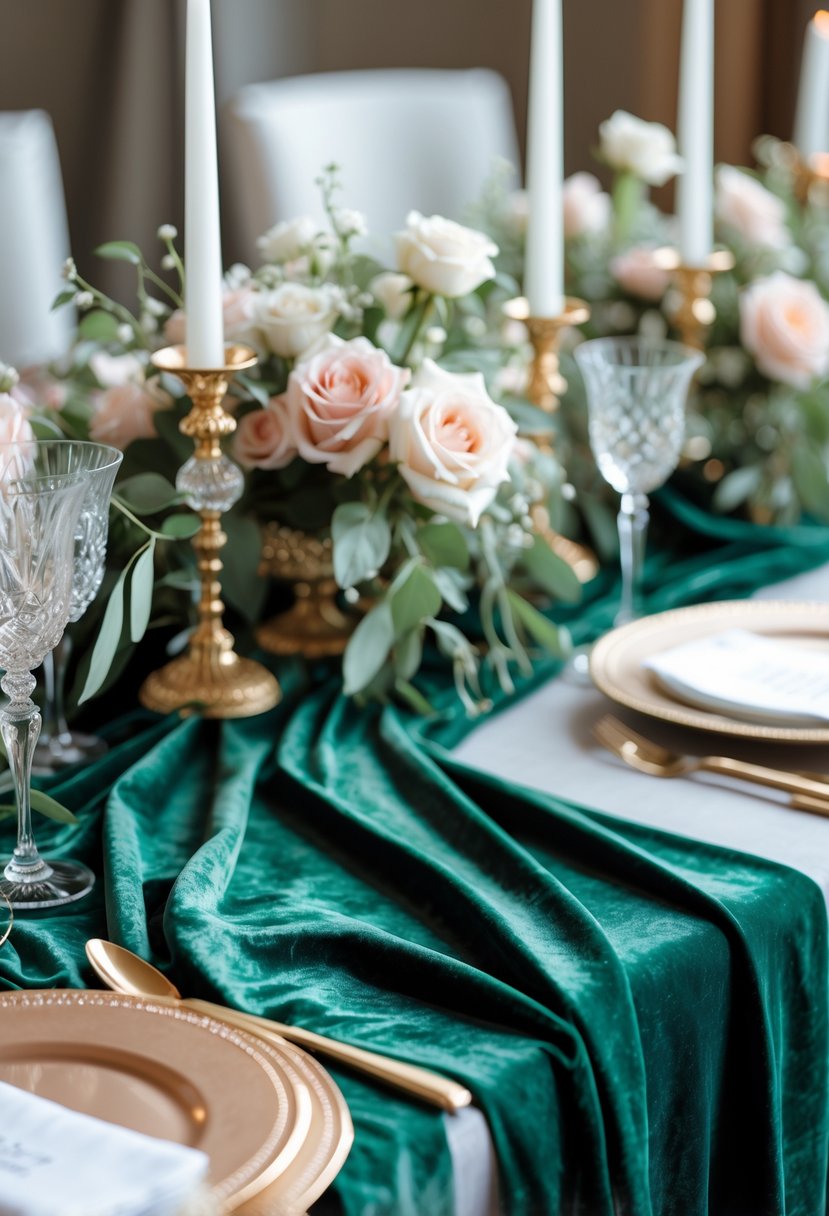 A wedding table with an emerald green velvet runner, floral centerpieces, candles, and elegant tableware.