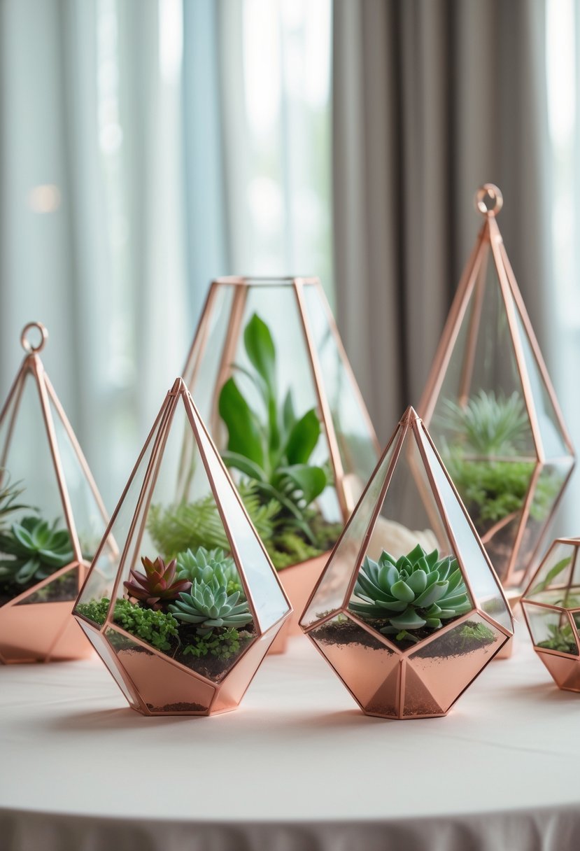 Rose gold geometric terrariums filled with green succulent plants arranged on a table as wedding centerpieces.
