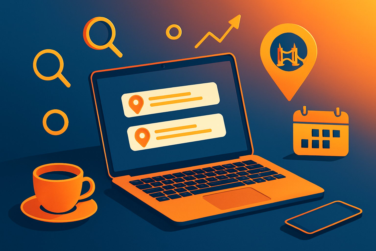 Isometric illustration of a digital marketing workspace with a laptop showing SEO elements, location pins representing London, and graphs indicating growth.
