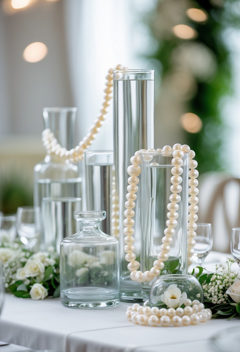 A wedding centerpiece with glass containers draped in a pearl garland on a white table.