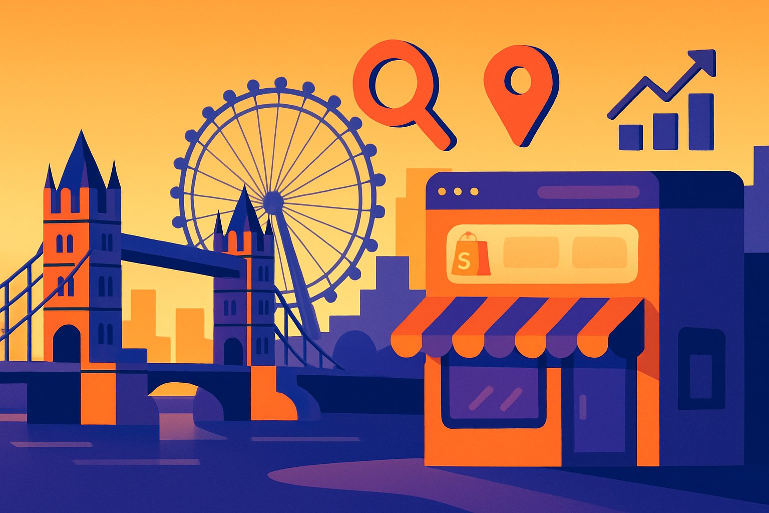 An isometric illustration of a London cityscape with retail shops and digital icons representing online optimisation.