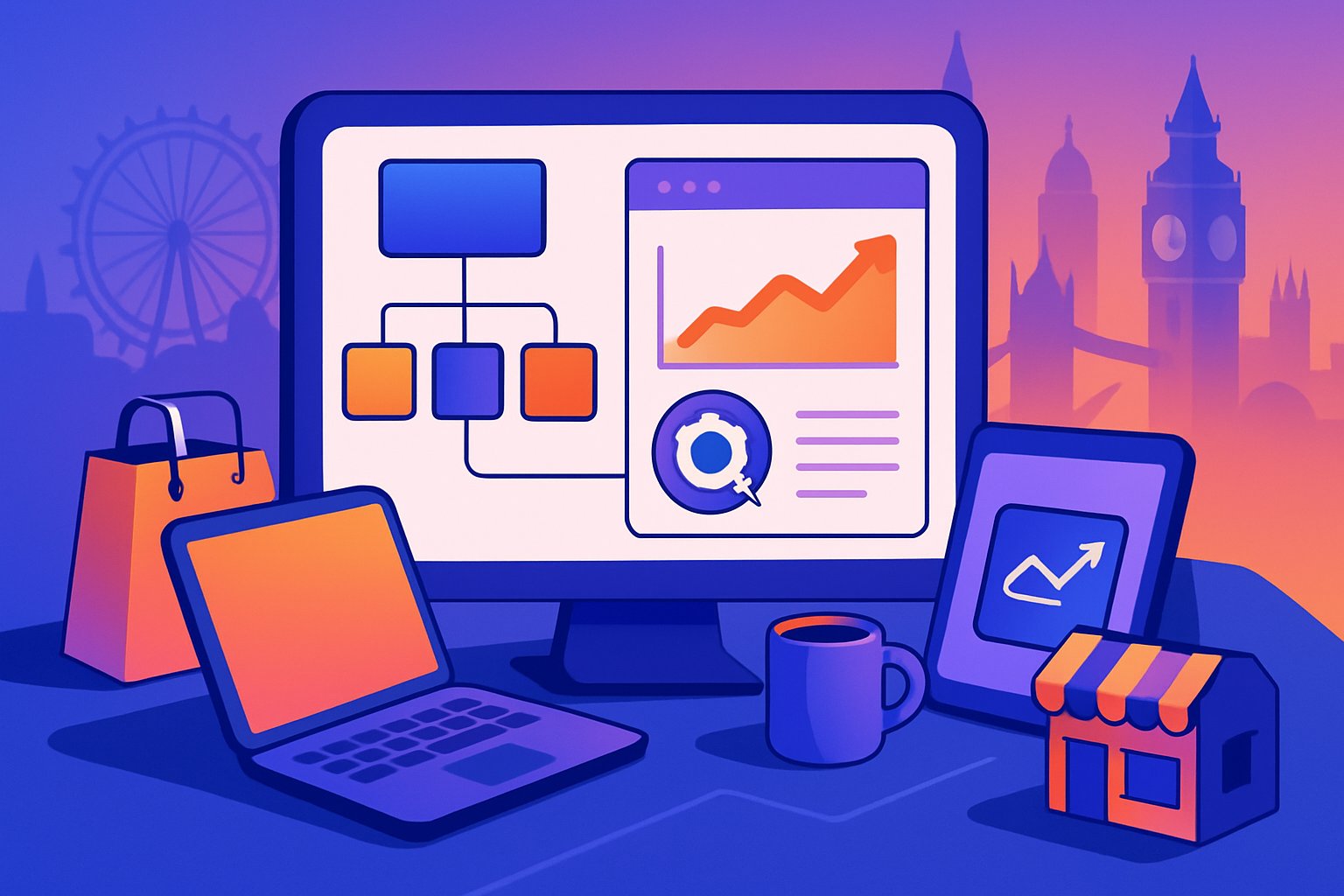 An isometric workspace showing a digital dashboard with navigation menus, SEO analytics graphs, and icons representing e-commerce and retail, set against a subtle London cityscape background.