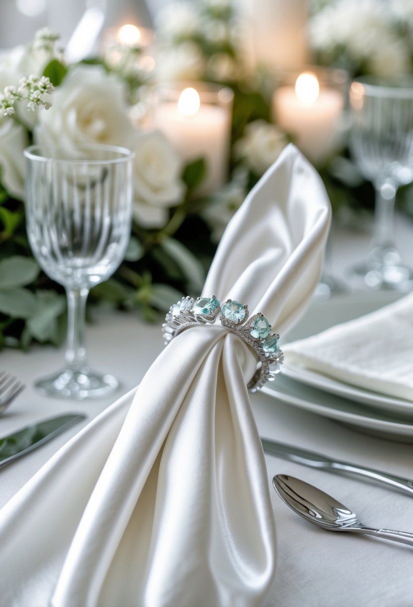 A wedding table setting with white satin napkins held by crystal napkin rings and floral centerpieces.