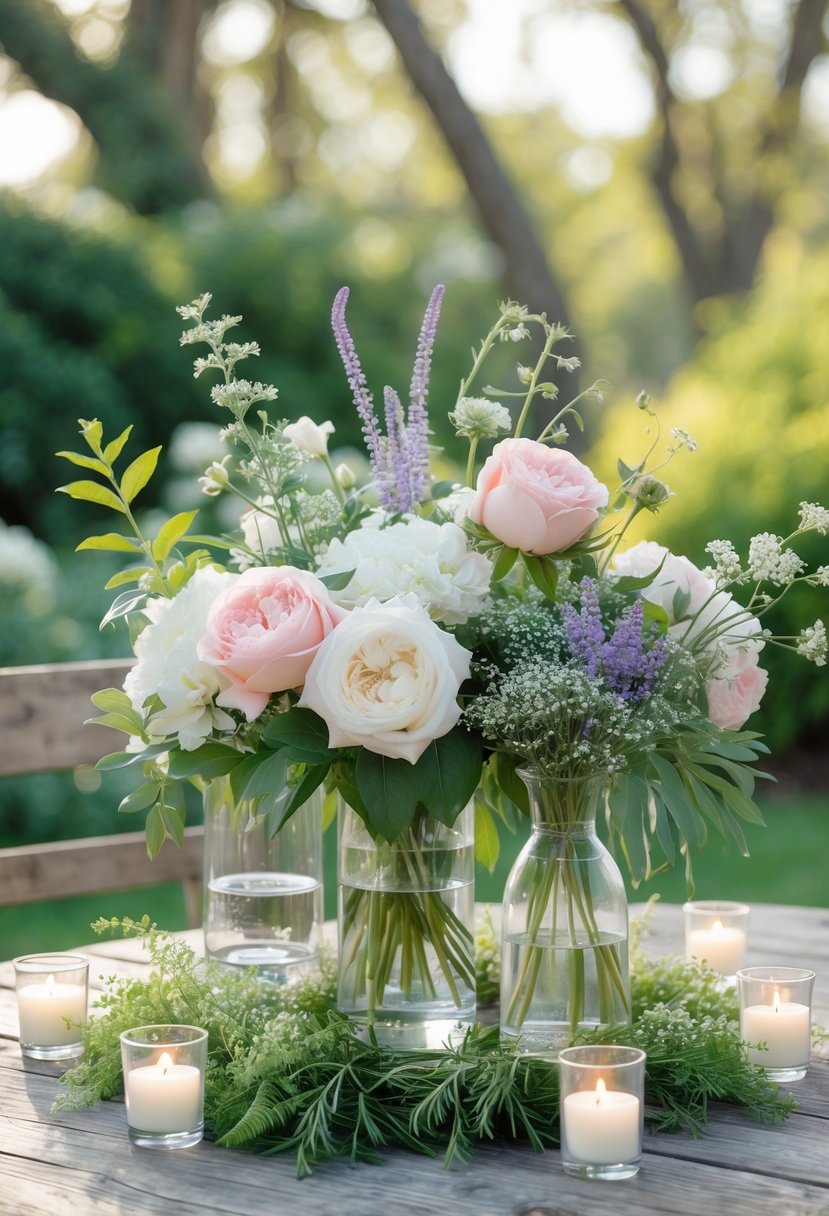A wedding table centerpiece with pink and white flowers, greenery, and candles on a wooden table outdoors.