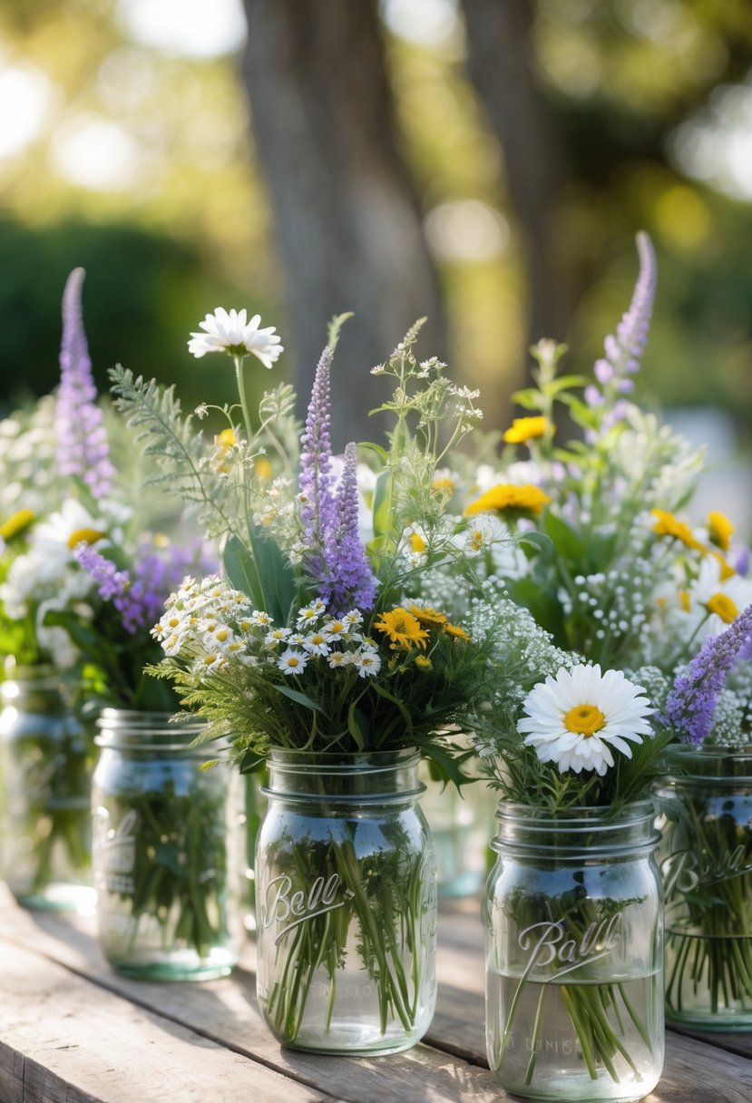 Mason jars filled with wildflowers and greenery arranged on a wooden table as wedding centerpieces.