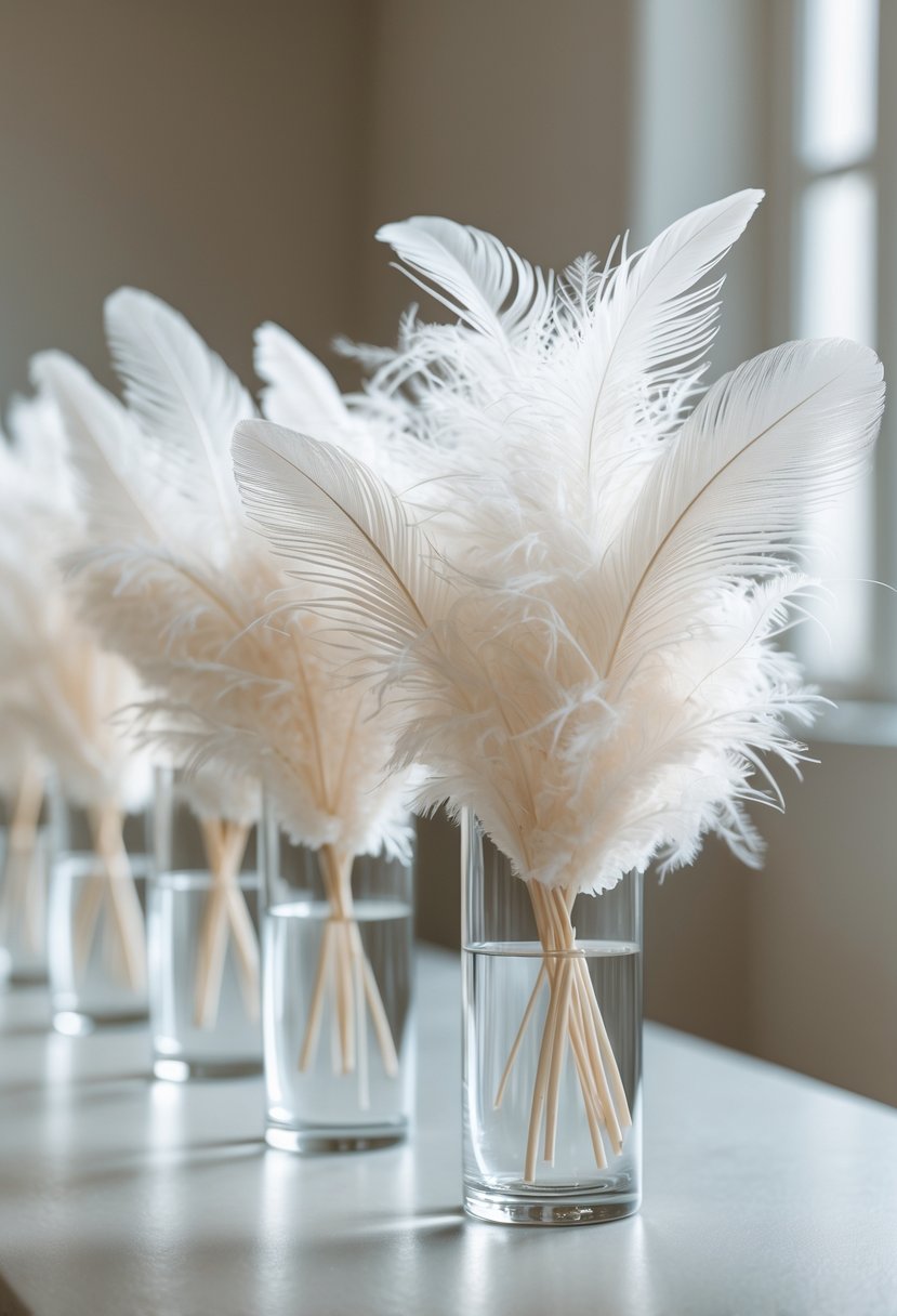 Transparent cylindrical vases filled with white feathers arranged on a table as wedding centerpieces.