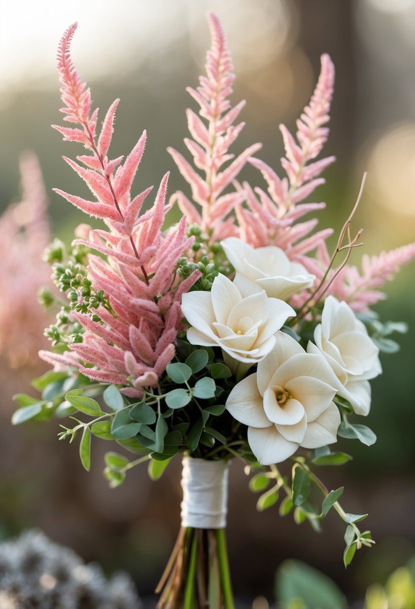 A small bouquet of blush pink astilbe flowers and white gardenias with green leaves.