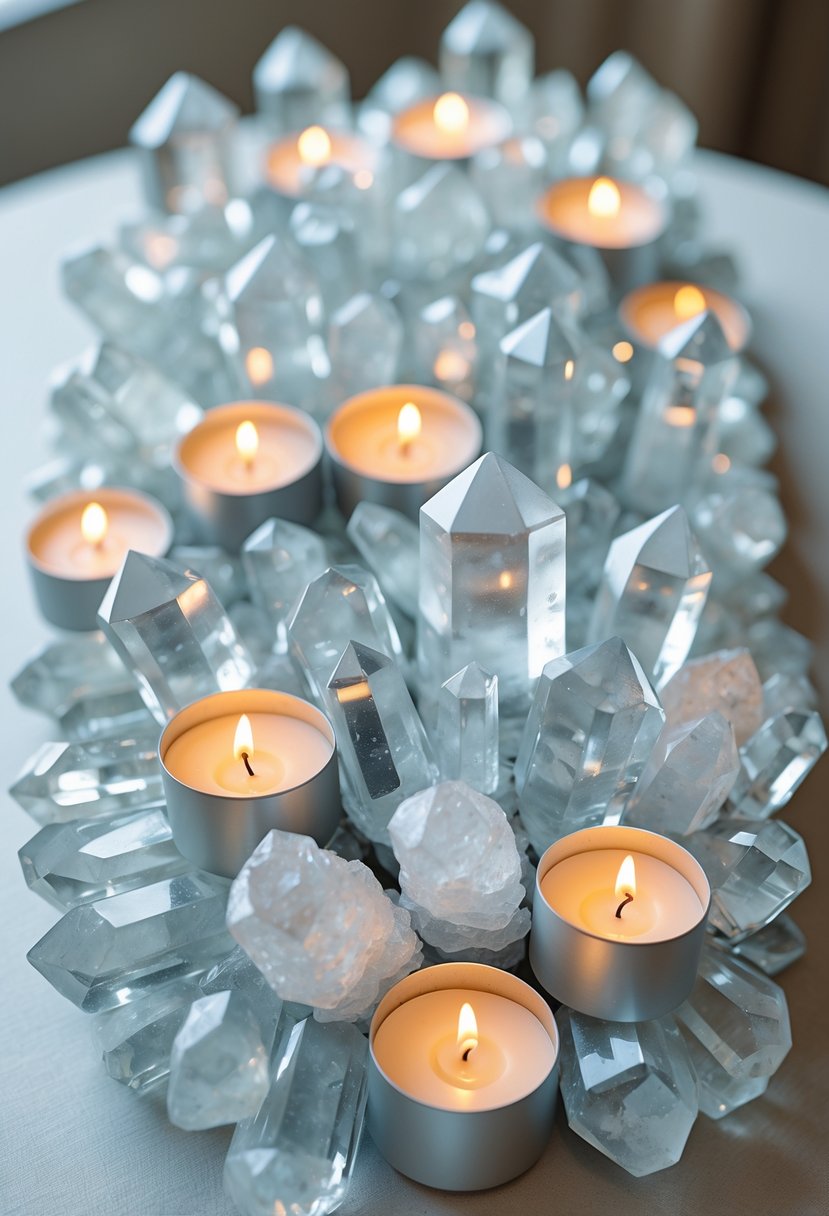 Clusters of clear quartz crystals arranged with lit tea light candles on a table as a wedding centerpiece.