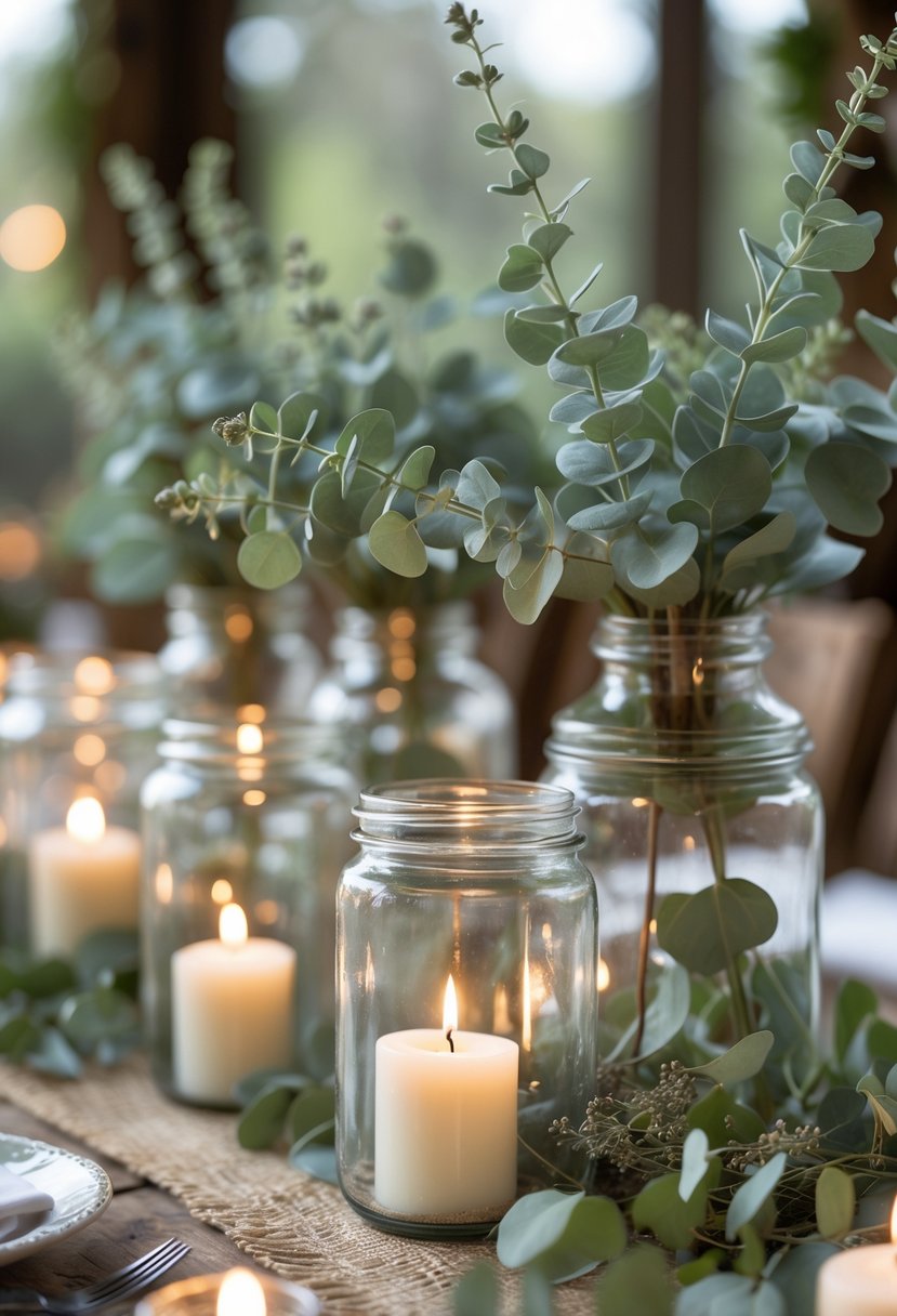 Candle-lit apothecary jars filled with eucalyptus sprigs arranged as a wedding centerpiece on a wooden table.